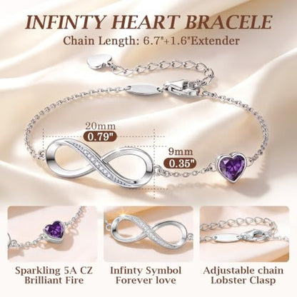 CDE 925 Sterling Silver Infinity Birthstone Bracelet Jewelry Gift for Women | Hypoallergenic,Non Tarnish,Heart CZ,Nickel-Free & Lead-Free,Anniversary Christmas Birthday Idea Gifts for Wife Girlfriend Her - color: 02-Feb