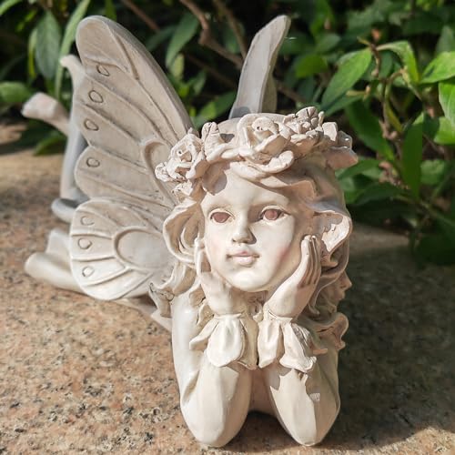 Laying Angel Garden Statue, Resin Fairy Figurine Outdoor Yard Decor | Whimsical Accent For Flower Beds, Patios, Shelves And Garden Lovers - style: Laying Angel Holding Face