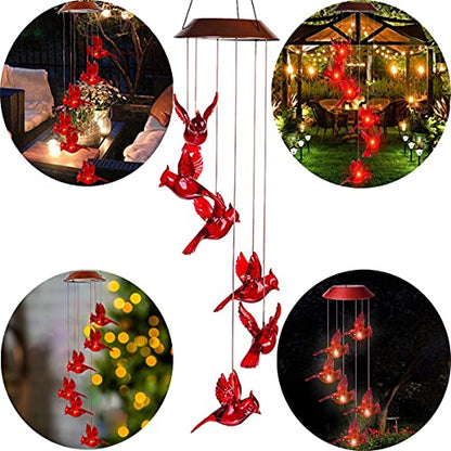 Solar Cardinal Wind Chimes Lights for Outside Garden Patio Decor | Red Bird Hanging Windchimes for Home/ Outdoors, Memorial Gifts Gifts for Mother Mom Grandma Women Birthday Christmas