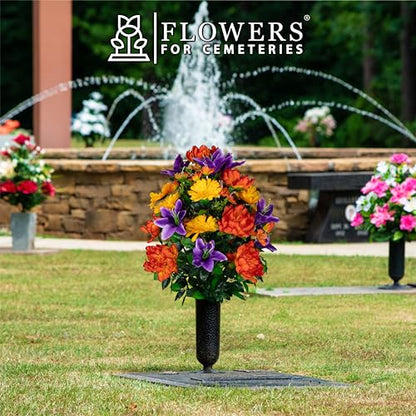Artificial Cemetery Flowers - Gravesite Flowers - Orange Peonies, Purple Lilies, and Yellow Daisies - size: Bouquet