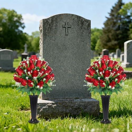 Wocst Cemetery Flowers for Grave,2 Sets Grave Rose Flowers Bouquets with Vases for Cemetery Grave Decorations UV Resistant Non-Fading Easy Fit (Red) - color: Red