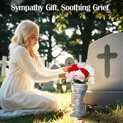 Lewondr Solar Cemetery Vase for Grave, Praying Angel with Spike | Waterproof Memorial Flower Holder with Solar Candle Light, Sympathy Gifts for Loss of Loved One, Gray - color: Gray a