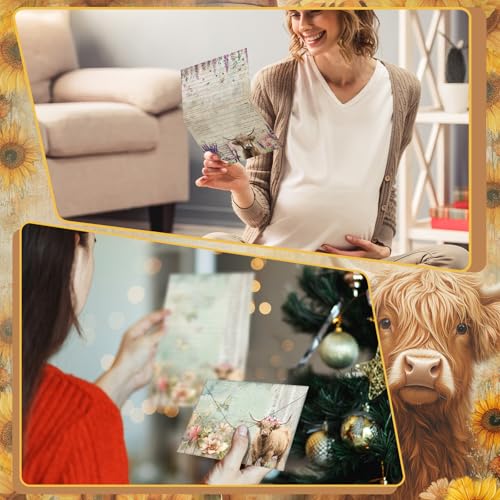 TaoBary 160 Pcs Floral Highland Cow Stationery Paper and Envelopes Set | 5.5 x 8.25'' Letter Writing Kit, 50 Double Sided Stationery Writing Papers 50 Matching Envelopes 60 Round Dot Sticker - size: 5.5 x 8.25 Inch, style: Floral Highland Cow