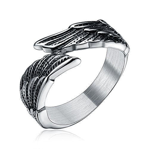 TIGRADE Antique Stainless Steel Ring Feather Angel Wing Cast Black Silver Band Size 4.5-14.5 - color: Black