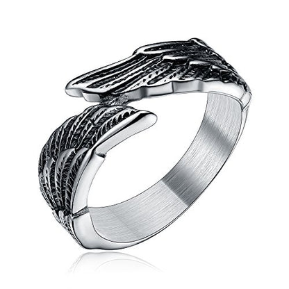 TIGRADE Antique Stainless Steel Ring Feather Angel Wing Cast Black Silver Band Size 4.5-14.5 - color: Black