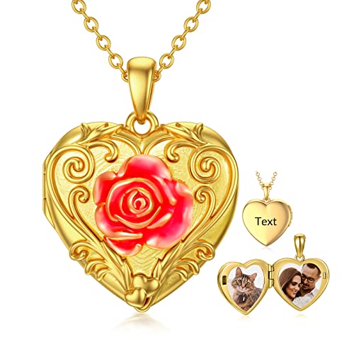 SOULMEET Sunflower/Rose/Daisy Heart Locket Necklace That Holds Pictures Keep Someone Near to You Sterling Silver/Gold Personalized Photo Locket Gift - style: A4-Gold enamel rose locket+photo+text