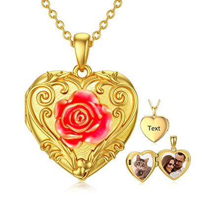 SOULMEET Sunflower/Rose/Daisy Heart Locket Necklace That Holds Pictures Keep Someone Near to You Sterling Silver/Gold Personalized Photo Locket Gift - style: A4-Gold enamel rose locket+photo+text