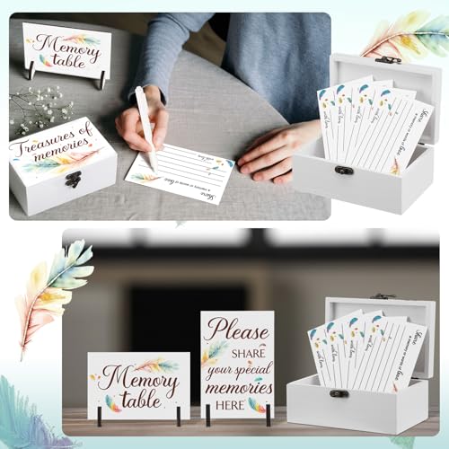 Gilprop 112 Pcs Celebration of Life Memory Cards Set Share a Memory Cards with Box 2 Wood Sign with 4 Hold and 5 Pens, Sympathy Memorial Gifts Funeral Keepsake Decorations(Feather) - style: Feather