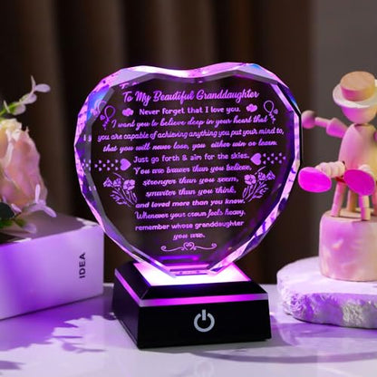 Arikyrist Crystal Heart Keepsake Granddaughter Gifts from Grandma Grandpa | Granddaughter Birthday Present Plaque, on Christmas Wedding Graduation Mothers Day Valentines Day, LED Light Base, Room Decor - color: Granddaughter