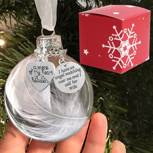 Clear Christmas Memorial Ornament Feather Ball, A Piece of My Heart is in Heaven Loss of Loved One Wife Christmas Tree Hanging Sympathy Gift with Silk Ribbon & Red Gift Box - color: Wife