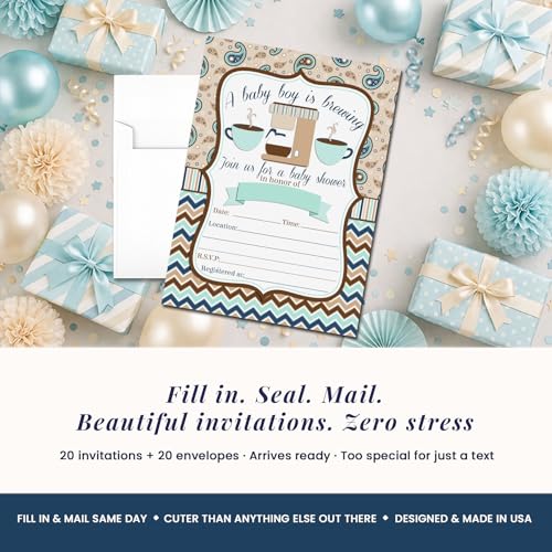 Amanda Creation 20 Baby Shower Invitations with Envelopes – A Baby is Brewing Coffee Themed Fill-In Cards for Baby Boy Sprinkle, 5x7 Blank Invites, Made in USA - style: Coffee