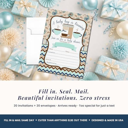 Amanda Creation 20 Baby Shower Invitations with Envelopes – A Baby is Brewing Coffee Themed Fill-In Cards for Baby Boy Sprinkle, 5x7 Blank Invites, Made in USA - style: Coffee