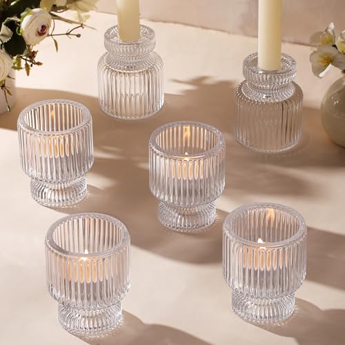 6 Pcs Clear Glass Candlestick Holders with Vertical Stripes - Dual-Use for Taper Candles & Votive/Tea Lights, Taper Candle Holders for Dining Table, Wedding, Home, Party Decor, Gifts - color: Clear, size: 6Pcs