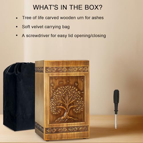Wood Urn for Ashes for Women Tree of Life Carving Cremation Urns for Human Ashes Adult Male Female - Large 270 Cubic Inch, Funeral Memorial Decorative Urn Box with Satin Bag