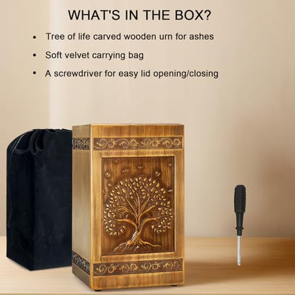 Wood Urn for Ashes for Women Tree of Life Carving Cremation Urns for Human Ashes Adult Male Female - Large 270 Cubic Inch, Funeral Memorial Decorative Urn Box with Satin Bag