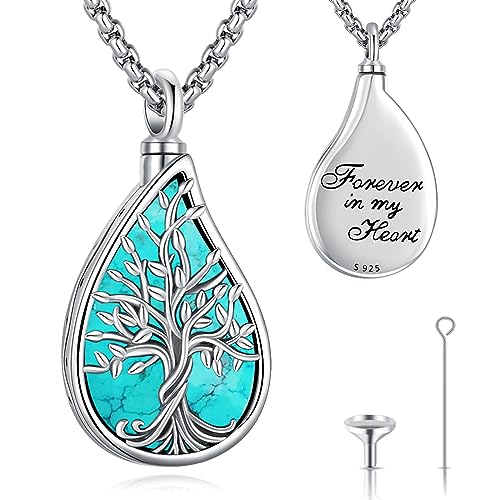 Urn Necklace for Ashes for Women/Men 925 Sterling Silver Cremation Jewelry w/Funnel Filler Memorial Jewelry Gifts - color: A-Tree of Life 3 (Turquoise), style: Non - Customized