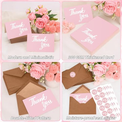 600 Pcs Pink Thank You Cards Bulk with Kraft Envelopes and Stickers 4x6 Inch Blank Thank You Notes Box Set Minimalistic Design for Business Wedding Baby Shower Graduation Bridal Shower Christmas - color: Pink