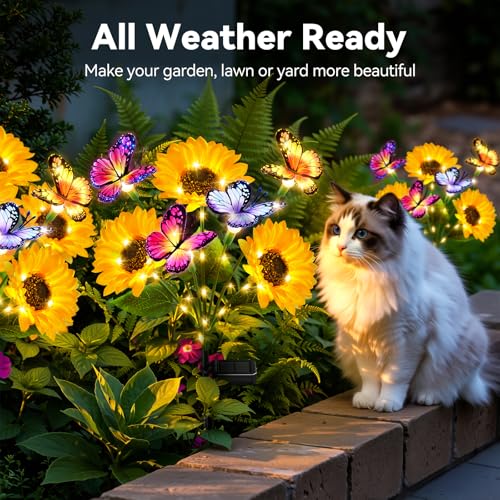 Solar Sunflower Lights with Butterflies, Bright Garden Light Outdoor Decor | Waterproof Lifelike Sunflower Blooms, Auto On/Off, Solar Flower Lights for Yards, Patios, Paths, Gifts for Women Mom Grandma - size: Butterfly Sunflower - 3PC