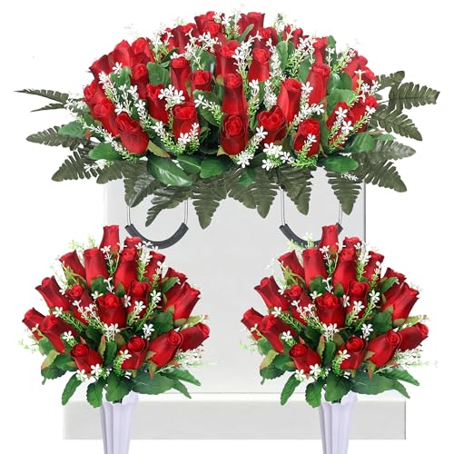 3 Sets Artificial Cemetery Flowers for Grave,Headstone Flower Saddle with 2 Memorial Rose Bouquets with Vases for Grave Tombstone Decorations (Red) - color: Red