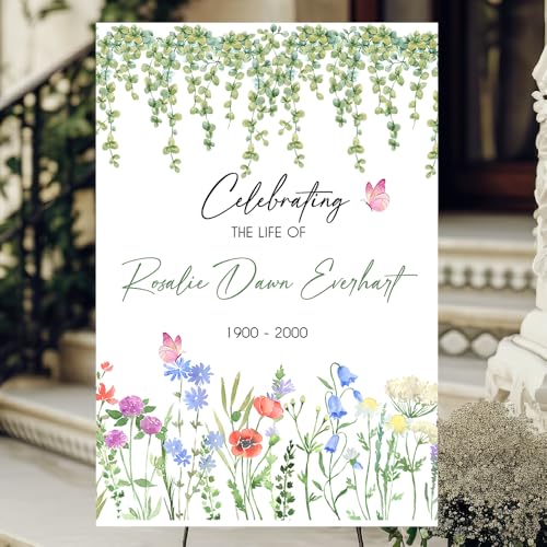 Personalized Celebration of Life Sign, Custom Funeral Welcome Sign, In Loving Memory Memorial Sign, Elegant Greenery Floral with Butterfly for Funeral - color: Memorial 14