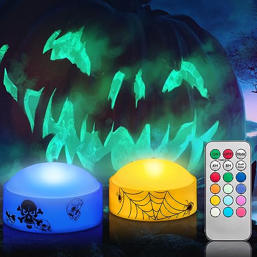 2 PCS Color Changing Halloween LED Pumpkin Candle Lights with Remote and Timer, Colored Battery Operated Jack-O-Lantern Light for Outdoor Halloween Flameless Pumpkin Home Decorations - color: Multi-Color Pumpkin Lights (2 PCS)