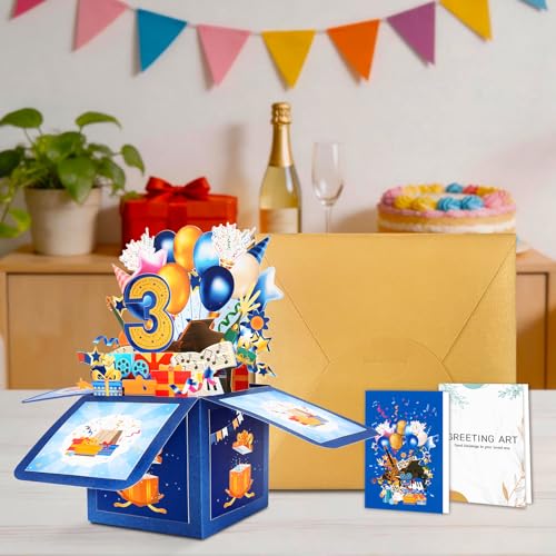 GREETING ART Happy 3rd Birthday Pop Up Card,Funny Guitar Ballons Box Themed - color: 3rd