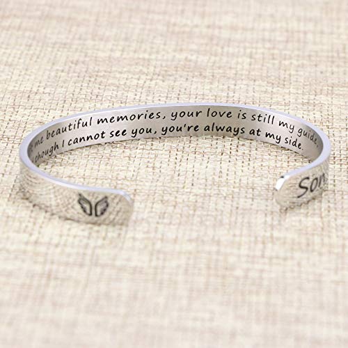 Memorial Gifts for Loss of Mom Dad In Memory of Jewelry Sympathy Bracelet | Bereavement Cuff Secret Message Engraved Grief Gifts for Women - style: Son Memorial Gift- You left me beautiful memories