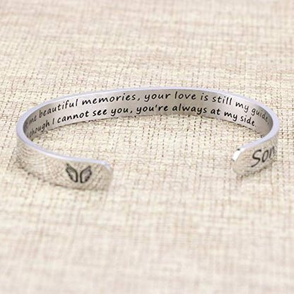 Memorial Gifts for Loss of Mom Dad In Memory of Jewelry Sympathy Bracelet | Bereavement Cuff Secret Message Engraved Grief Gifts for Women - style: Son Memorial Gift- You left me beautiful memories