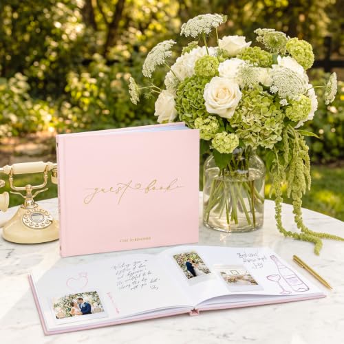 Wedding Guest Book, Polaroid Photo Guestbook for Baby Shower, Blank Pages | Table Sign Included, Gold Stamping, Hardcover, 9x7.5", Perfect for Bridal Party & Baby Shower, Pink - color: Pink