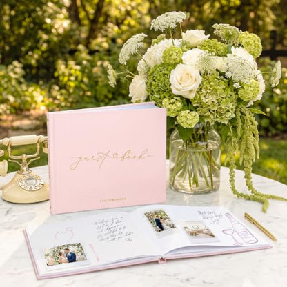 Wedding Guest Book, Polaroid Photo Guestbook for Baby Shower, Blank Pages | Table Sign Included, Gold Stamping, Hardcover, 9x7.5", Perfect for Bridal Party & Baby Shower, Pink - color: Pink