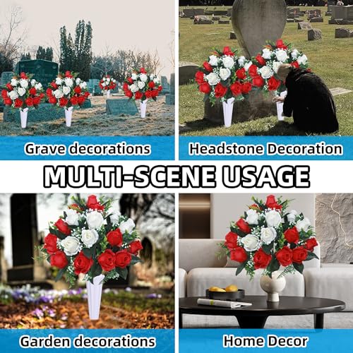 Set of 2 Artificial Cemetery Flowers with Vase,Grave Memorial Day Flowers for Cemetery Headstones Gravesites (Red,White) - color: Red & White