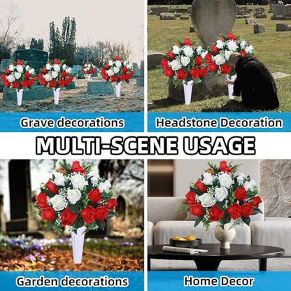 Set of 2 Artificial Cemetery Flowers with Vase,Grave Memorial Day Flowers for Cemetery Headstones Gravesites (Red,White) - color: Red & White
