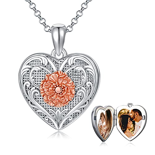 SOULMEET Sunflower/Rose/Daisy Heart Locket Necklace That Holds Pictures Keep Someone Near to You Sterling Silver/Gold Personalized Photo Locket Gift - style: C-Two Tone Rose locket+photo