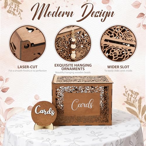 Wedding Card Box with Sign Boho Rustic Wood Gift Card Box Vintage Money Cards Holder for Wedding Baby Shower(Flower,Brown,11.4 x 9 x 8.5 Inches) - style: Flower