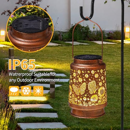 2 Pack Butterfly Solar Lanterns Outdoor Waterproof Sunflower Garden Decor Birthday Gifts for Women Mom Grandma Hanging Solar Lights Metal Lantern Decoration Outside for Porch,Patio,Yard,Backyard - style: M. 2 Pack Butterfly Lantern