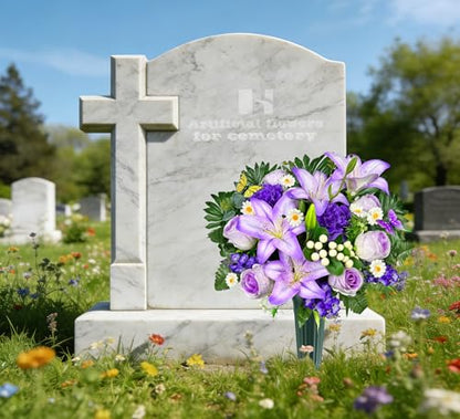 Artificial Cemetery Flowers – Vibrant Rose Carnation, Outdoor Grave Decorations - 1 Purple Gravesite Bouquet with Vase