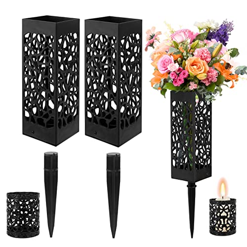 2 Pack Black Plastic Cemetery Vases with Drainage Holes Memorial Flower Holder for Grave Markers - Floral Vase with Hollow Candle Holder