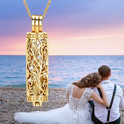 shajwo Cylinder Cremation Jewelry Tree of Life Urn Ashes Necklace for Women Men Vial Cremation Ash Pendant Loved One Memorial Jewelry - color: Gold-Glass