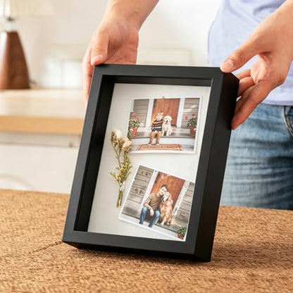 6x8 Small Shadow Box Frame with Ultra-Clear Glass & Soft Linen Back | With Push Pins and Stand, Deep 1.2" Black Shadow Box Display Case – Display on Tabletop or Wall for Photo, Flower, Keepsakes - color: Black+high Definition Panel + Shatter-proof Packagi