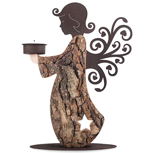 Wood Angel Tealight Candle Holder - Handcrafted Wooden Angel Candle Holder in Memory of Loved One - Guardian Angel Candlestick Holders - Angel Statues Memorial Gifts for Loss of Loved One