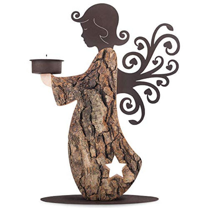 Wood Angel Tealight Candle Holder - Handcrafted Wooden Angel Candle Holder in Memory of Loved One - Guardian Angel Candlestick Holders - Angel Statues Memorial Gifts for Loss of Loved One