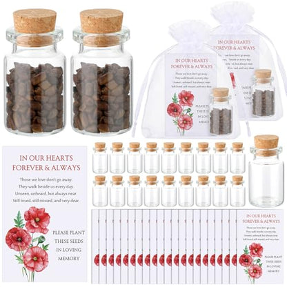 Tanlade 100 Sets Funeral Favors Include Funeral Prayer Card Celebration of Life Card Seed Bag Glass Bottle with Cork Organza Bag for Veterans Memorial Loss of Loved One, No Seed(Red Poppy) - style: Red Poppy