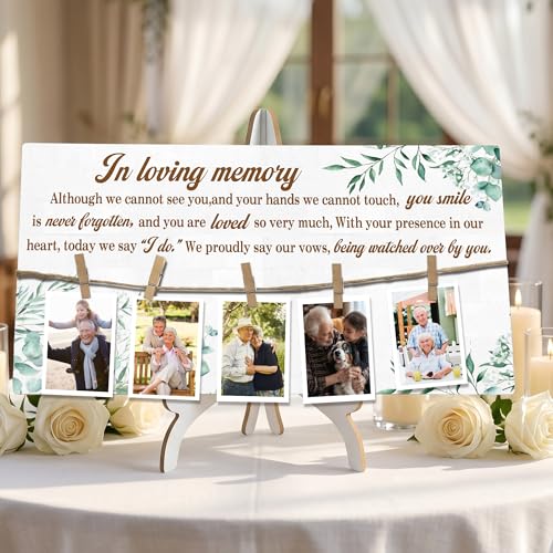 Rustic Wood Memory Table Sign 16 x 8 Inch, In Loving Memory Wedding Sign with Clips, Rustic Wedding Decor for Ceremony and Reception Wooden Memorial Picture Board to Honor Souls-A10 - color: white-leaves-2