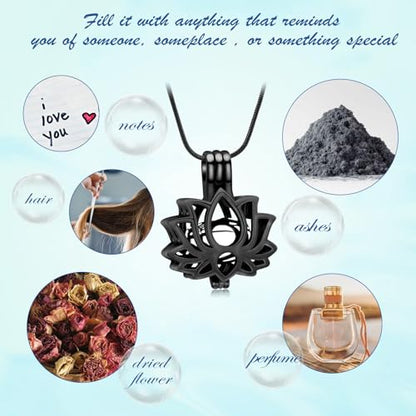 Cremation Jewelry Lotus Flower Urn Necklaces for Ashes Stainless Stell Memorial Ash Pendant Necklaces with Mini Urn Keepsake Ash Jewelry for Men Women Gifts with Funnel Filler Kit - color: Black-Silver