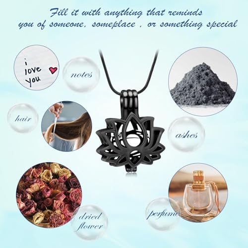 Cremation Jewelry Lotus Flower Urn Necklaces for Ashes Stainless Stell Memorial Ash Pendant Necklaces with Mini Urn Keepsake Ash Jewelry for Men Women Gifts with Funnel Filler Kit - color: Black-Silver