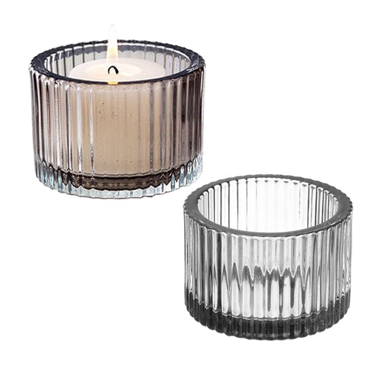 Clear Tealight Candle Holder Set of 2,Glass Votive Candle Holders, Decorative Round Ribbed Candle Holders for Home Decor (Gray) - color: Gray