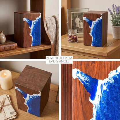 Handcrafted Rosewood Wooden Urn for Human or Pet Ashes – 11"x6"x6" Large Cremation Urn with Blue Resin Ocean Wave Inlay – Memorial Funeral Box for Adults up to 250 lbs - size: Large 250 cubic inches