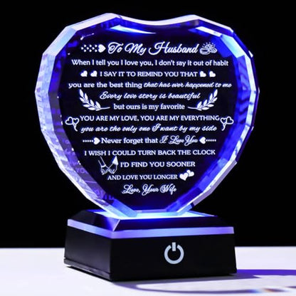 Arikyrist Gifts for Husband from Wife with Colorful LED Base Anniversary Romantic Gifts for Husband Birthday Crystal Keepsake to My Husband I Love You Gifts on Valentine Fathers Day Christmas - style: Husband Gifts + Light Base