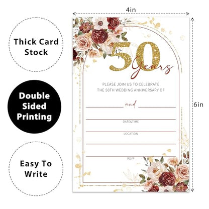 Boho 50th Wedding Anniversary Invitations, 50th Anniversary Invites With Envelopes, Gold Invitation For Couple Reception Celebration Party, 25 Pack 4x6 Invites Cards/02
