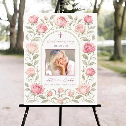 Pink Roses Funeral Welcome Sign, Celebration of Life Welcome Sign, in Loving Memory Sign, Celebration of Life Funeral Sign, Celebration of Life Sign, Memorial Sign with Photo #ghg1256 - color: Version #27